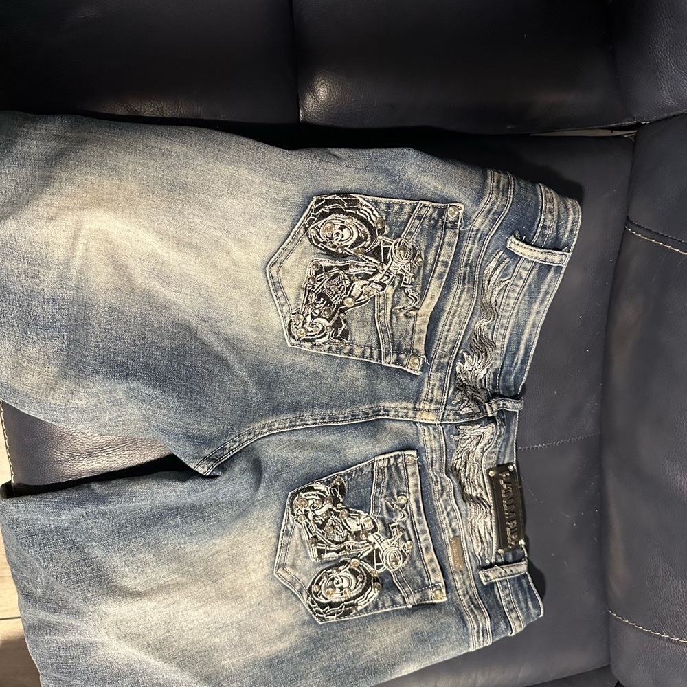 Stylish Biker Platinum Plush Flare Blue Jeans Embroidered & Dazzled Designs